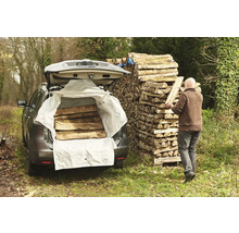 Homme chargeant une voiture avec du bois de chauffage à côté d'une pile de bois