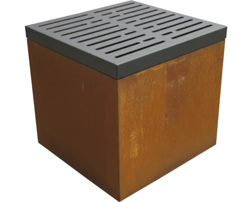 Quadratische Pflanzsäule aus Cortenstahl mit Entwässerungsrost