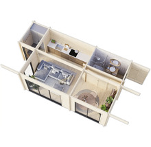 Plan d'une maison en bois avec salon, cuisine, salle de bains et coin repas