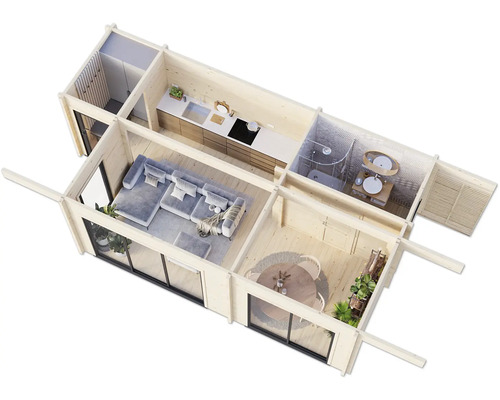 Plan d'une maison en bois avec salon, cuisine, salle de bains et coin repas