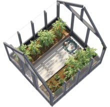 Gewächshaus mit Pflanzen und Gartenzubehör