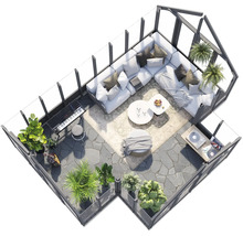 Vue de dessus d'une véranda avec mobilier et plantes