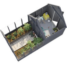 Serre avec plates-bandes et outils de jardinage