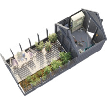 Vue de dessus d'une serre avec des plantes, des meubles de jardin et des outils de jardinage.