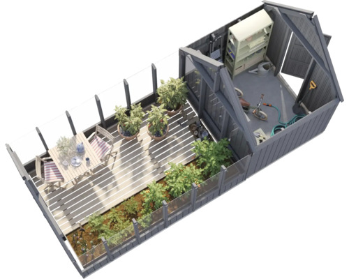 Vue de dessus d'une serre avec des plantes, des meubles de jardin et des outils de jardinage.