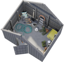 Intérieur d'un abri de jardin avec outils et accessoires de jardinage