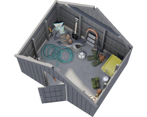 Intérieur d'un abri de jardin avec outils et accessoires de jardinage