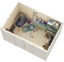 Vue intérieure d'une cabane de jardin en bois avec outils de jardinage, outils et meubles de rangement