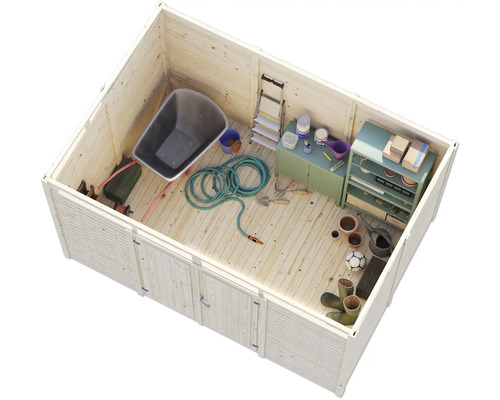 Vue intérieure d'une cabane de jardin en bois avec outils de jardinage, outils et meubles de rangement