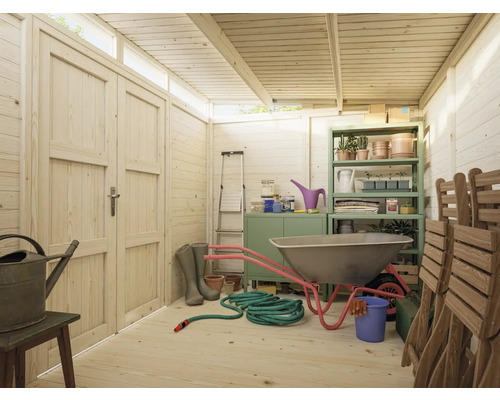 Vue intérieure d'un abri de jardin lumineux avec outils, plantes et étagères