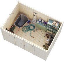 Abri de jardin en bois avec brouette, tuyau d'arrosage, échelle, armoire et outils de jardinage