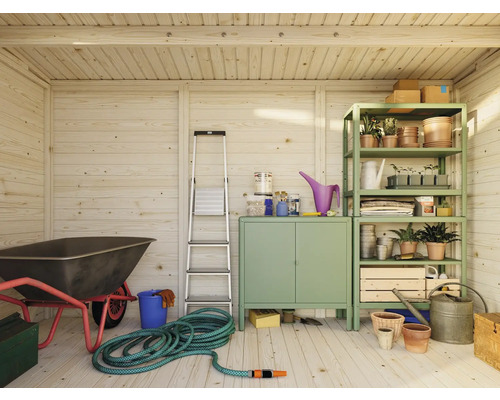 Vue intérieure d'une cabane de jardin avec brouette, échelle, armoire et étagère