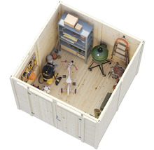 Vue intérieure d'un abri de jardin avec étagères, barbecue, outils et vélo d'enfant