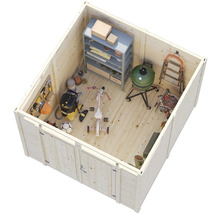 Vue intérieure d'une cabane de jardin en bois avec des étagères, un barbecue, des outils et des jouets.