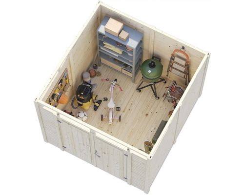 Intérieur d'abri de jardin avec étagères, outils, barbecue et vélo d'enfant