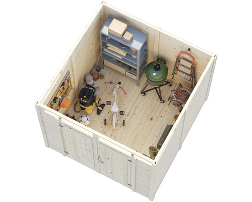 Intérieur d'une cabane de jardin en bois avec outils, barbecue, étagère et vélo pour enfant