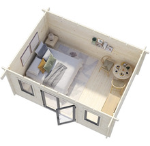 Vue intérieure d'une cabane de jardin en bois avec chambre et coin repas.