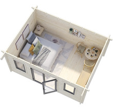 Vue intérieure d'un abri de jardin avec chambre et coin salon