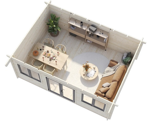 Vue intérieure d'une cabane de jardin avec des meubles, dont une table à manger, des chaises, un canapé, des étagères et des plantes d'intérieur.