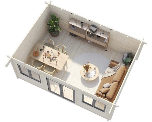 Vue intérieure d'une maison en bois avec un salon, une salle à manger et des étagères.