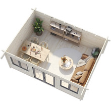 Vue intérieure d'une maison en bois avec coin repas, coin salon et étagères