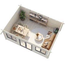 Vue intérieure d'une maison en bois avec coin salon et coin repas