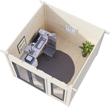 Abri de jardin en bois avec mobilier de bureau, comprenant un bureau, une chaise de bureau et une plante pour l'espace de travail dans le jardin