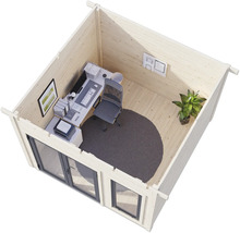 Intérieur d'un abri de jardin avec mobilier de bureau, composé d'un bureau, d'une chaise de bureau, d'un ordinateur et d'une plante d'intérieur