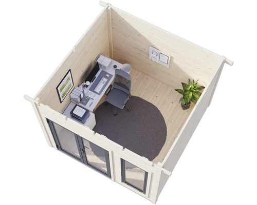 Maison de jardin en bois avec équipement de bureau comprenant un bureau, une chaise de bureau, des étagères et des fenêtres.