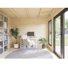 Pavillon de jardin lumineux aménagé en bureau avec bureau, chaise, étagères et plantes.