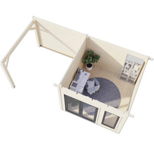 Maison de jardin en bois avec équipement de bureau vue de dessus