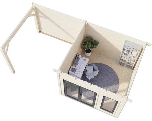 Maison de jardin en bois avec équipement de bureau vue de dessus