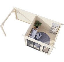 Vue de dessus d'une cabane de jardin en bois avec fenêtres, mobilier de bureau et plantes