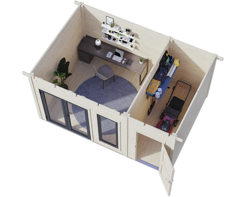 Intérieur d'une maison de jardin en bois avec bureau et outils de jardinage