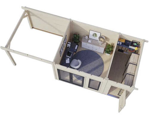 Visualisation d'un abri de jardin avec mobilier de bureau et étagères