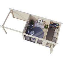Vue de dessus d'une cabane de jardin en bois avec mobilier de bureau, bureau, chaise et solutions de rangement