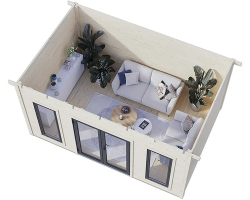 Vue intérieure d'un abri de jardin avec meubles et décoration