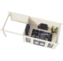 Vue intérieure d'une maison de jardin en bois avec fenêtres, meubles et tapis