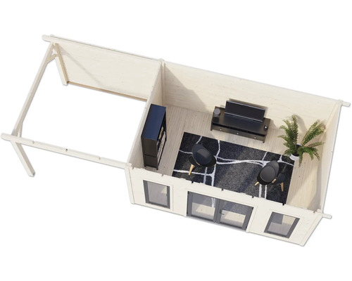 Vue intérieure d'une cabane de jardin en bois avec des meubles tels qu'une télévision, des étagères et des chaises