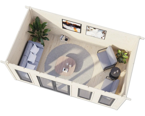 Vue intérieure d'une maison de jardin avec des meubles et des décorations tels qu'un canapé, une table, des chaises et des plantes.