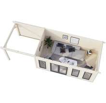 Vue intérieure d'une maison de jardin en bois clair avec meubles et fenêtres