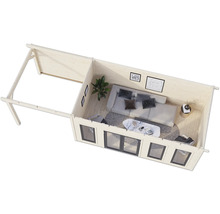 Vue intérieure d'une cabane de jardin avec meubles et fenêtres