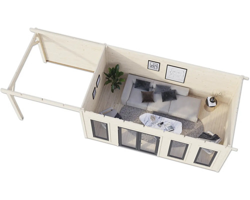 Vue intérieure d'une cabane de jardin avec meubles et fenêtres