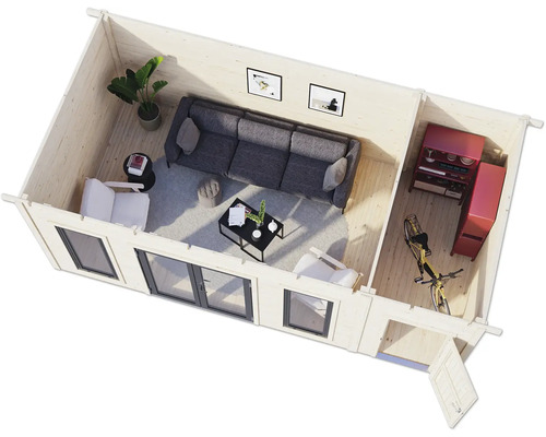 Vue intérieure d'une maison en bois avec des meubles et un vélo