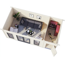 Vue intérieure d'une maison en bois avec meubles et vélos