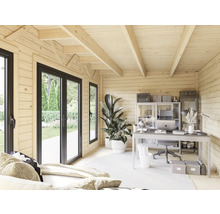 Intérieur d'une cabane de jardin avec mobilier de bureau comprenant un bureau, une chaise et des étagères.