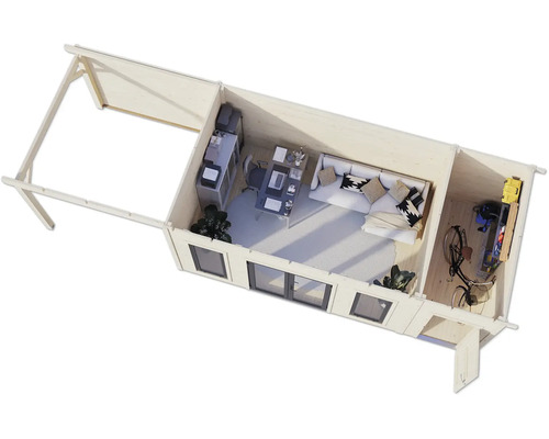 Vue de dessus d'une maison de jardin avec bureau, salon et débarras.