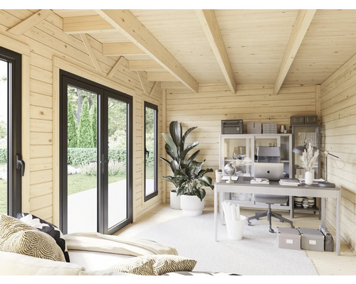 Maison de jardin en bois avec fenêtres, porte, bureau et mobilier de bureau