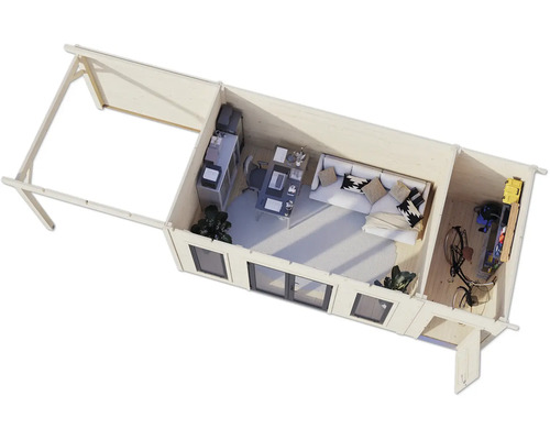 Vue de dessus d'une maison de jardin en bois avec bureau, salon et débarras.