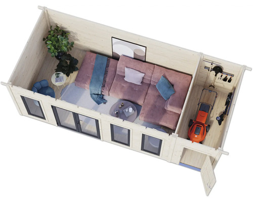 Vue intérieure d'une cabane de jardin avec coin salon et abri de jardin